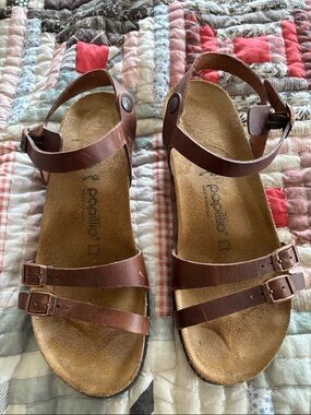Papillio Brown Triple-Strap Leather Ankle Sandals